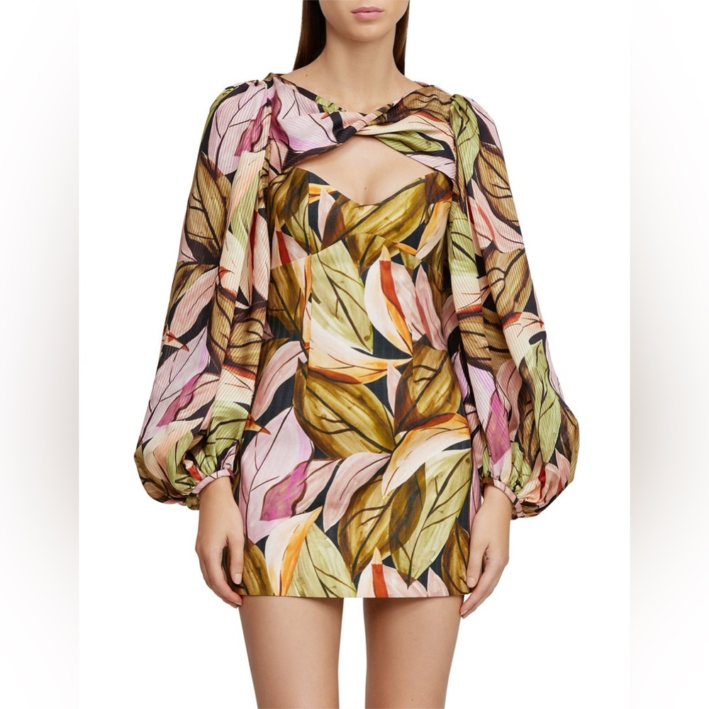 Acler Leaf Print Mini Dress with Balloon Sleeves
